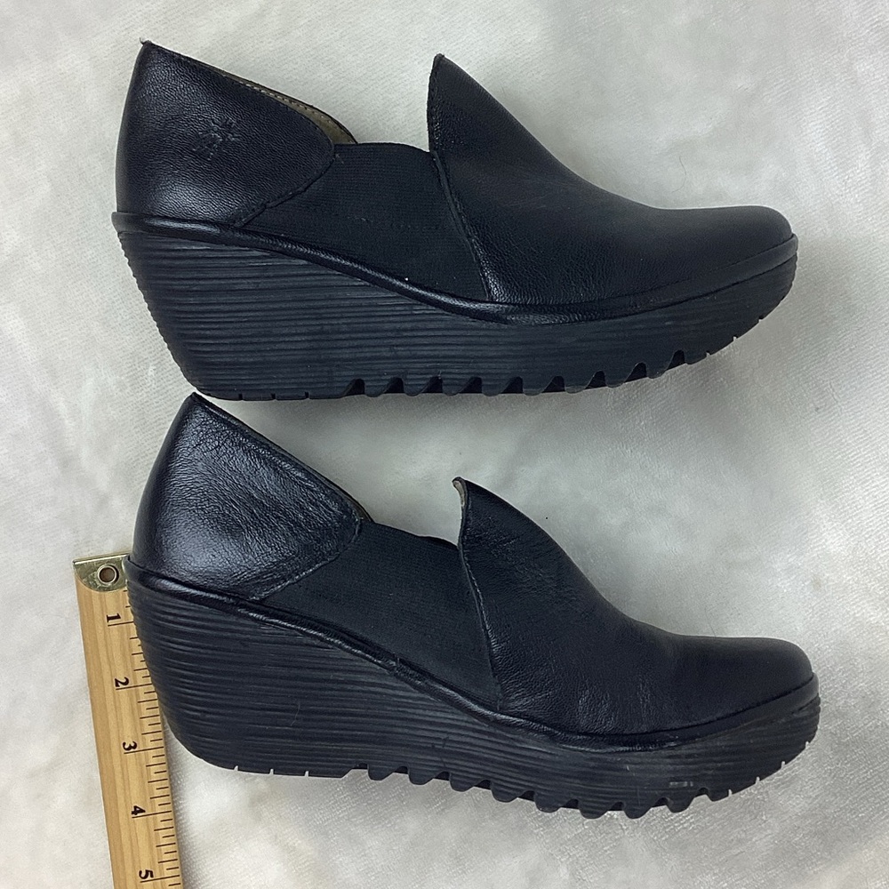 Fly London Black Leather Wedges - Picture 5 of 13